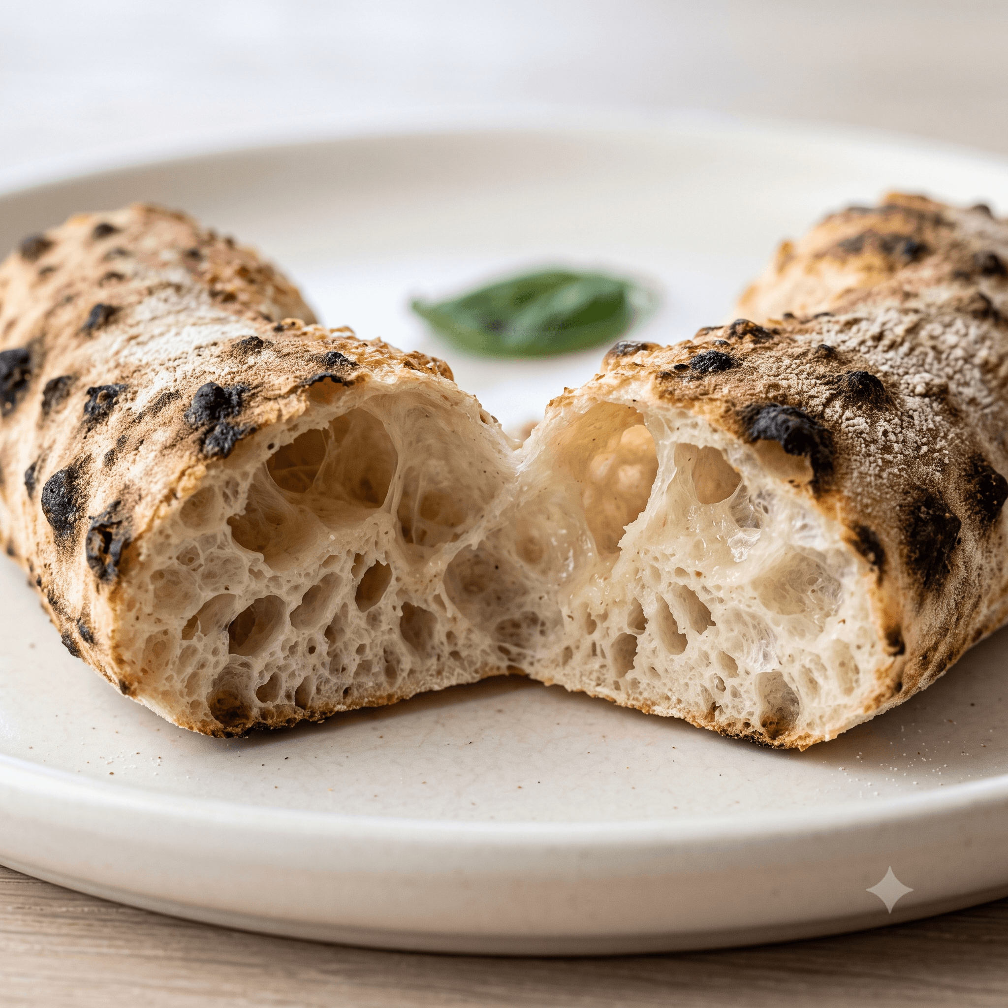 Leopard-spotted pizza crust close-up