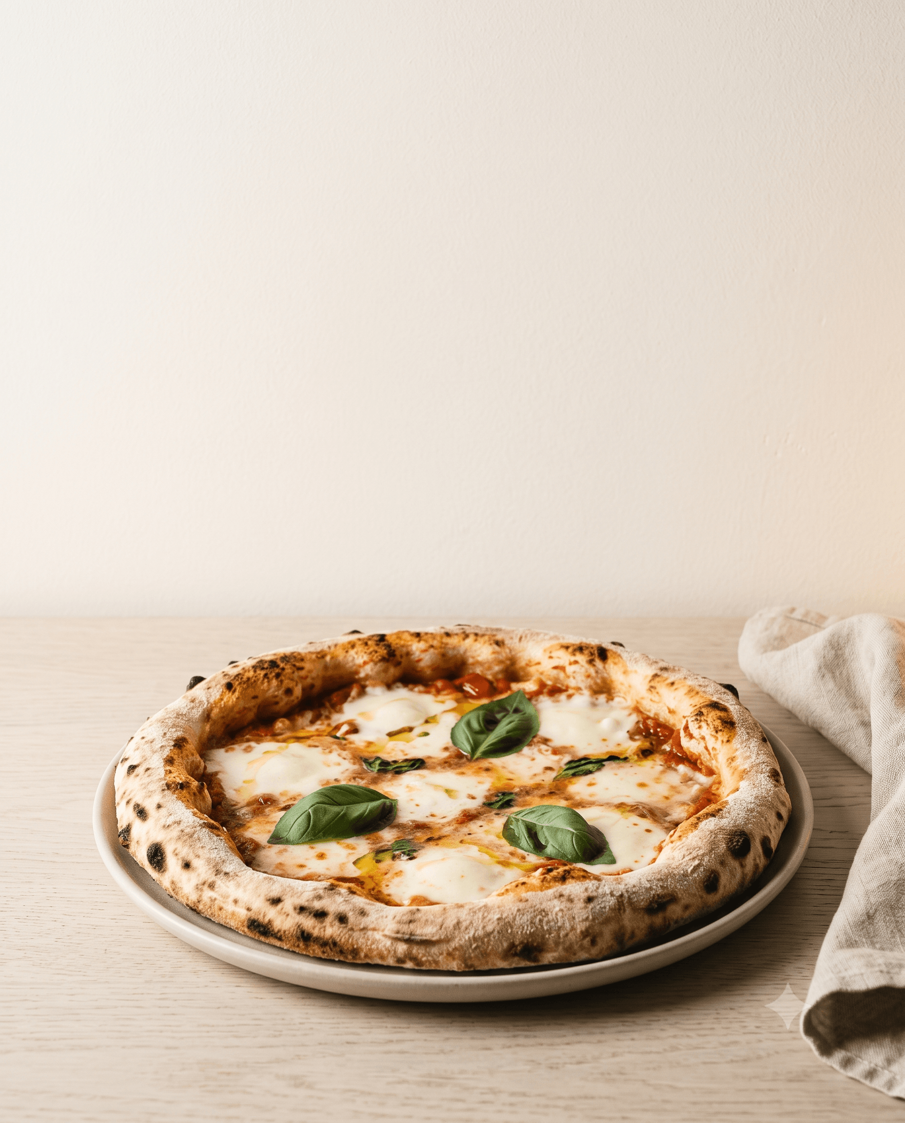 Wood-fired margherita pizza on a white oak counter