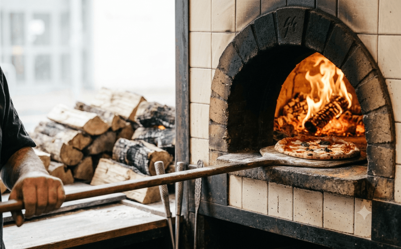 Pizzaiolo sliding a margherita into a wood-fired oven